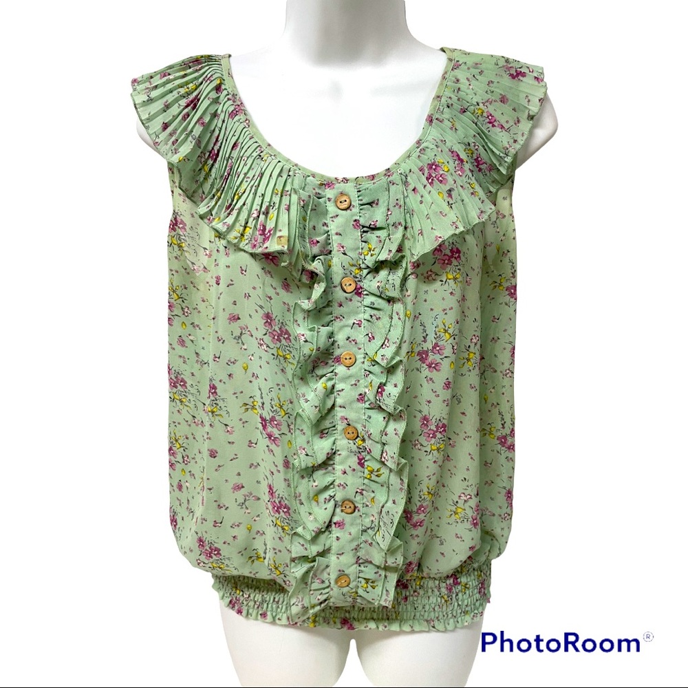 Mine sleeveless Green Semi sheer Floral XL wide gathered bottom Feminine Ruffles